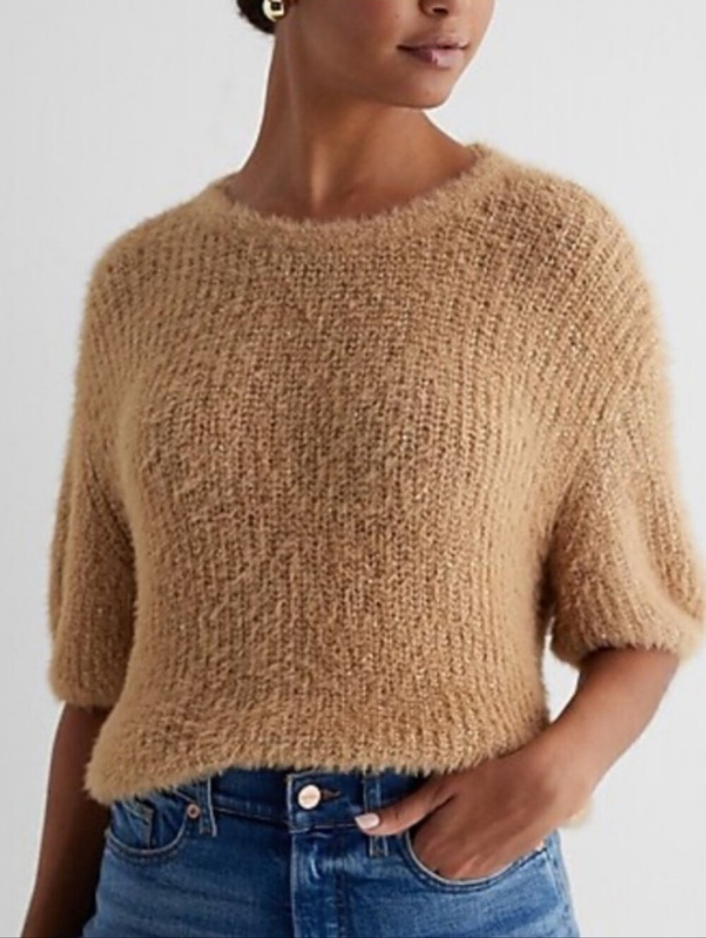 Express Fuzzy Sequin Crew Neck Short Sleeve Relaxed Sweater. Tan. Size Medium.